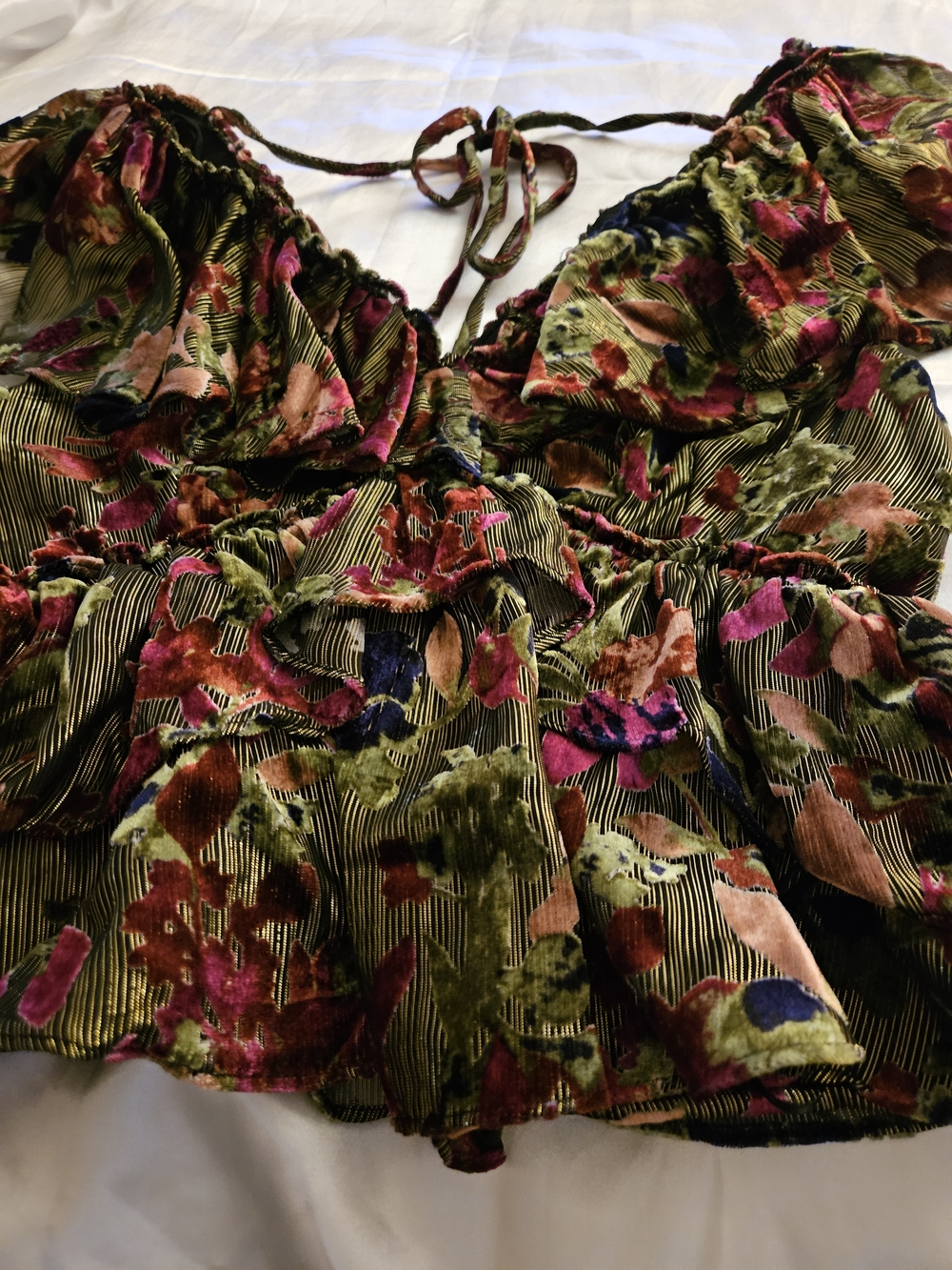Floral Ruffled V-Neck Women’s Top in Olive Green - Picture 12 of 13